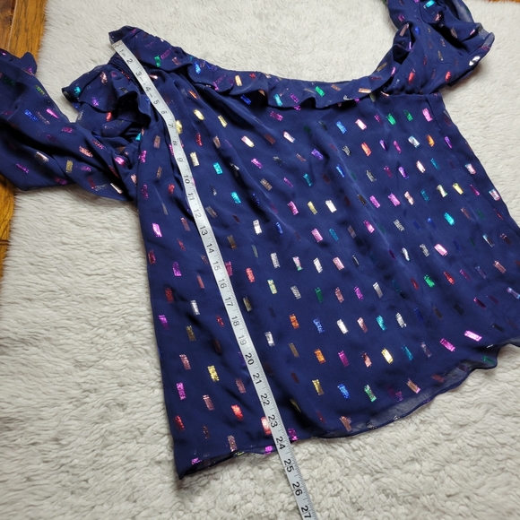 Monique Lhuillier Silk Blouse Women's Medium Metallic Asymmetrical Ruffles - Picture 9 of 9